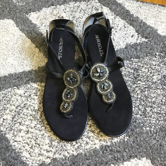 Aerosoles Black Wedge cushion sole Bead Embellished Sandal Sz 10 - Picture 1 of 4